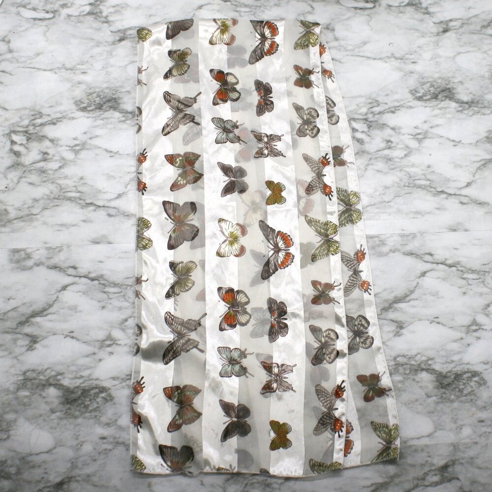 Butterfly Printed Scarf Rectangle Ribbon Sheer White Fall Colors Wrap 12 x 58 - Picture 2 of 11